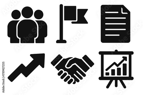 Brutalist Leadership Icons. Leadership mentorship silhouette icon set: group of people, flag, document paper, upward arrow, handshake, chart board.