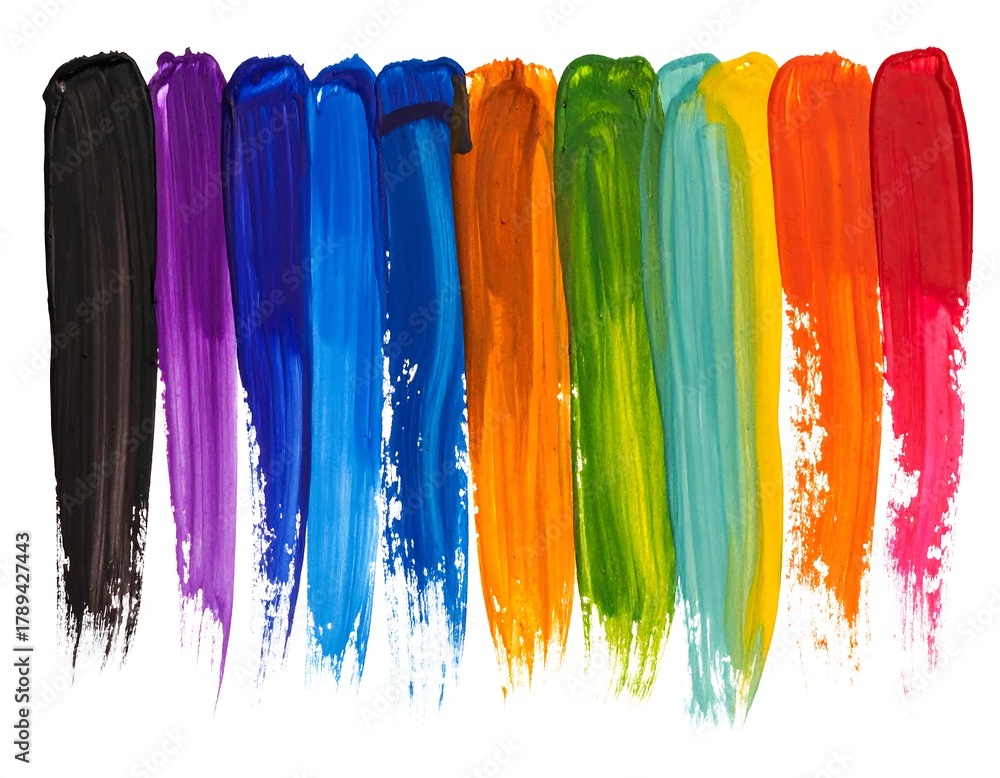 Fototapeta premium Vertical, colorful, abstract brushstrokes, creating a rainbow effect. Isolated against white background. Vibrant paint textures