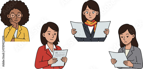 Cartoon business people reading documents, vector illustration, office attire, character design, stock image, decision making, paper, focus, expression, work