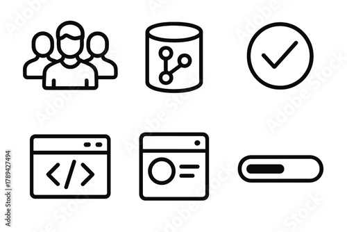 Collaborative Tools Icons. Collaborative Development linear icon set: team avatars, shared repository, approval checkmark, code review window, issue tracker, progress bar.