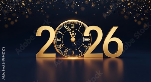 Golden 2026 new year celebration with clock on dark blue background, symbolizing the upcoming year and festive atmosphere with anticipation