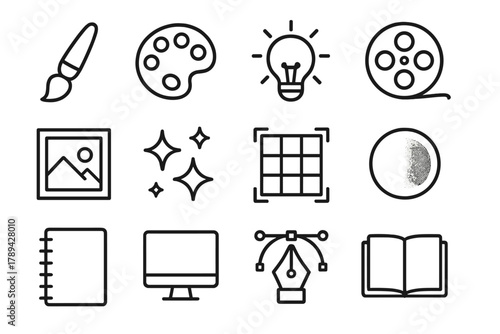Creative Icons Collection. Creative Skill Development linear icon set: paintbrush, color palette, idea bulb, film reel, art frame, sparkles, design grid, gradient circle, notebook,