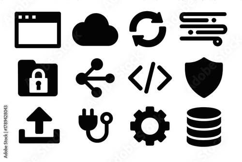 Brutalist Web API Icons. Web APIs silhouette icon set: browser window, cloud icon, REST symbol, data stream, secure folder, network lines, code brackets, shield emblem, upload