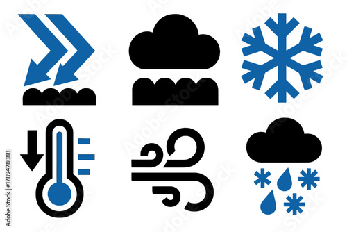 Bold Weather Icons. Weather Cold Front silhouette icon set: blue arrows, cloud layer, snowflake, temperature drop, wind swirl, rain mix.