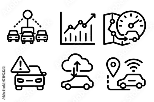 Connected Vehicle Icons. Smart Fleet linear icon set: connected vehicles, analytics chart, route optimization, fuel gauge, warning icon, cloud sync, distance marker, live update.