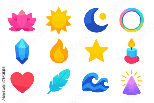 Spiritual Icon Set. Spiritual Fulfillment modern flat icons set: lotus, sun, moon, aura ring, crystal, flame, star, candle, heart, feather, wave, light beam.