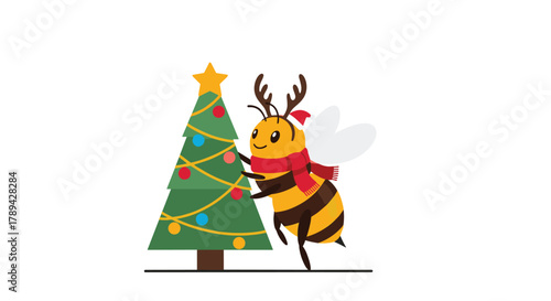 Cute bee wearing a Santa hat and antlers decorates a Christmas tree with lights and ornaments.