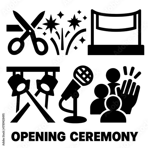 Brutalist Ceremony Icons. Opening Ceremony silhouette icon set: ribbon cutting, fireworks, stage lights, welcome banner, microphone, audience applause.
