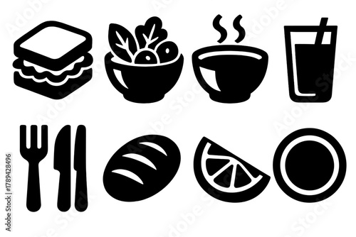 Brutalist Lunch Icons. Lunch Concept silhouette icon set: sandwich, salad bowl, soup bowl, juice glass, fork and knife, bread roll, fruit slice, plate.