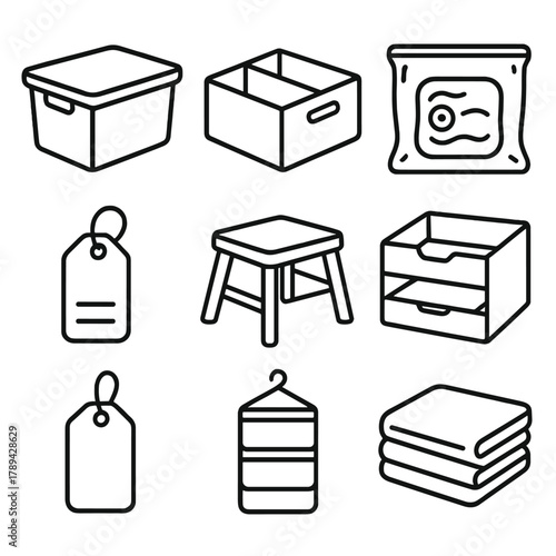 Efficient Storage Solutions. Space Optimization linear icon set: storage bins, divider box, vacuum bag, pull-out drawer, label tag, step stool, hanging organizer, folded stack.