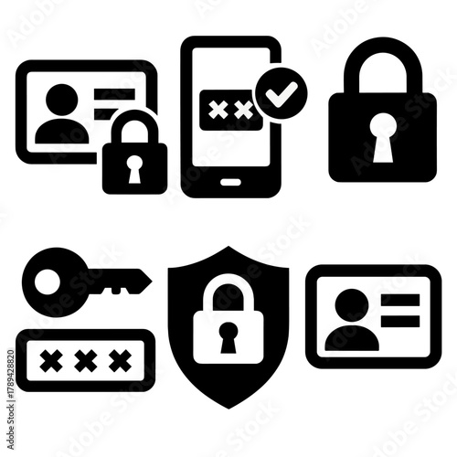 Secure Identity Icons. Secure Identity silhouette icon set: encrypted ID, two-factor authentication, lock symbol, password key, data shield, private account.