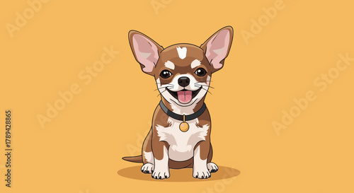 Cute cartoon chihuahua dog sitting and smiling with a collar and tag on a plain orange background.