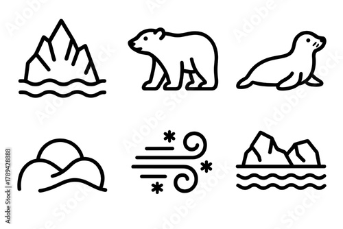 Arctic Icons Display. Arctic Habitat linear icon set: iceberg, polar bear, seal, snow drift, cold wind, frozen sea.