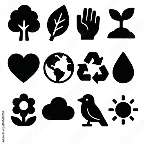 Brutalist Nature Icons. Nature Conservation silhouette icon set: tree, leaf, hands, plant, heart, globe, recycling symbol, water droplet, flower, cloud, bird, sun.