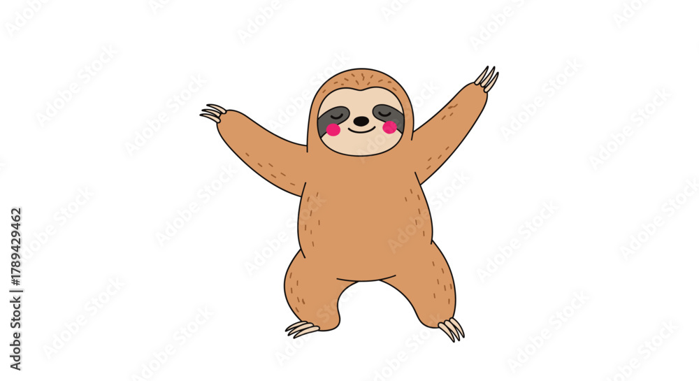 Naklejka premium Cute cartoon sloth with arms outstretched and rosy cheeks, ready for a hug.