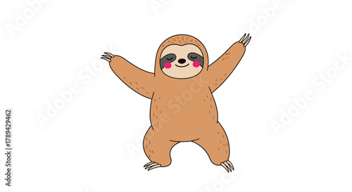 Cute cartoon sloth with arms outstretched and rosy cheeks, ready for a hug.