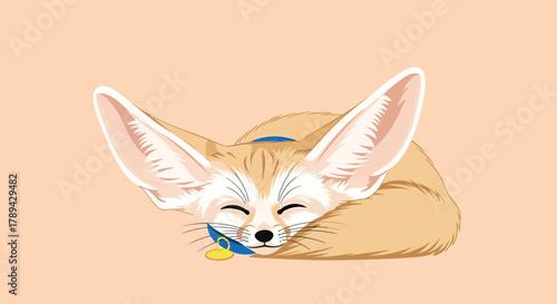 Cute fennec fox with large ears sleeping peacefully on a soft peach background.