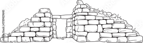 Stone archway overgrown with grass drawing ancient