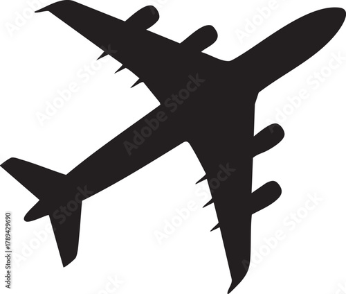 Black airplane silhouette shows its wing, engines, and tail on transparent background