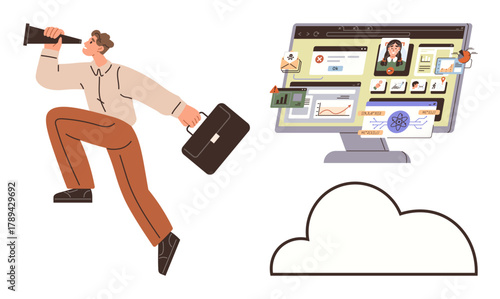 Man using telescope holding briefcase beside online dashboard, charts, video call, and cloud. Ideal for innovation, remote work, cloud computing, digital tools, career growth management future tech