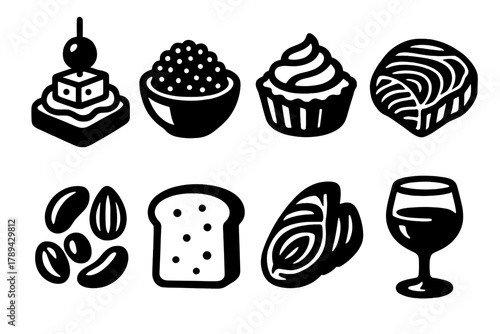Elegant Starter Icons. Elegant Starters Collection silhouette icon set: canapés, caviar bowl, mini tart, smoked salmon, cheese platter, nuts, bread slice, wine glass.