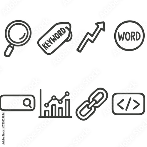 SEO Icons Doodle Set. Keyword Optimization outline icons: magnifying glass, keyword tag, ranking arrow, focus word, search bar, analytics chart, link chain, meta tag.