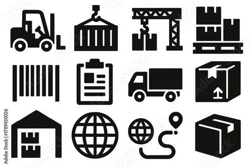 Brutalist Cargo Icons. Cargo Handling silhouette icon set: forklift, container, crane, pallet, barcode, clipboard, truck, box, warehouse, globe, route line, package.
