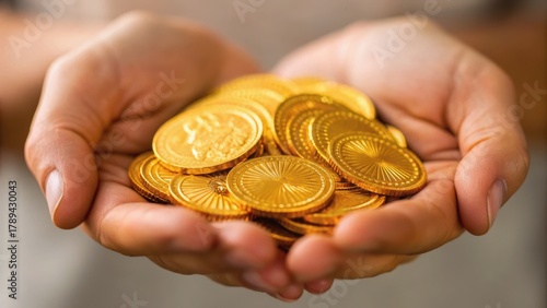 A pair of hands holds a collection of shiny gold coins, symbolizing wealth and prosperity.