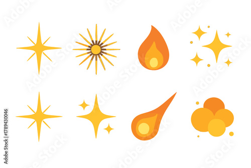 Vibrant Spark Icons. Sparks Set flat icons: glowing spark, light burst, fire ember, sparkle dust, radiant flare, star glow, comet trail, shimmer cloud