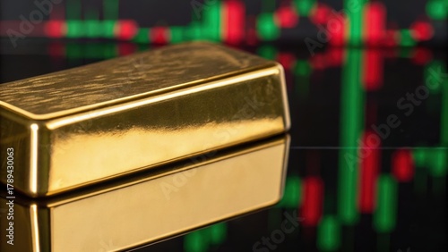 A shiny gold bar reflects in front of a fluctuating stock market graph, symbolizing wealth and investment opportunities.