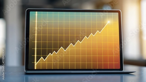 A laptop displaying a rising graph on the screen, symbolizing growth and success in business or financial performance.