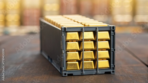 A container filled with gold bars, symbolizing wealth and investment, is displayed against a blurred background.