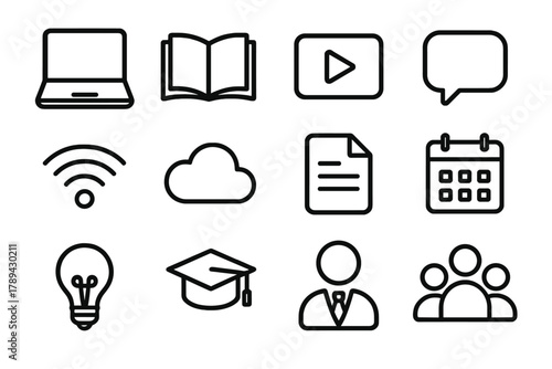 Digital Education Icons. Digital Education Tools linear icon set: laptop, open book, video play button, chat bubble, wifi symbol, cloud, document page, calendar, light bulb,