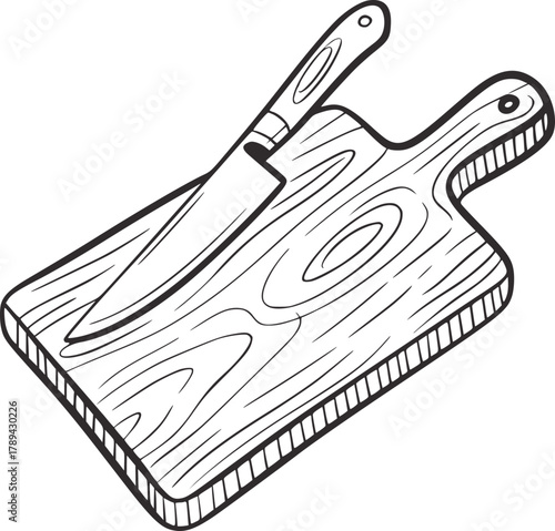 Wooden board with knife kitchen utensil