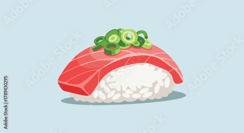 Vector illustration of a single piece of delicious tuna sushi with chopped green onions on top.