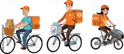Cartoon, delivery, bicycle, courier, character, transport, service, backpack, boxes, helmet, motion, vector, illustration, rider, job, logistics, street, express, package, uniform