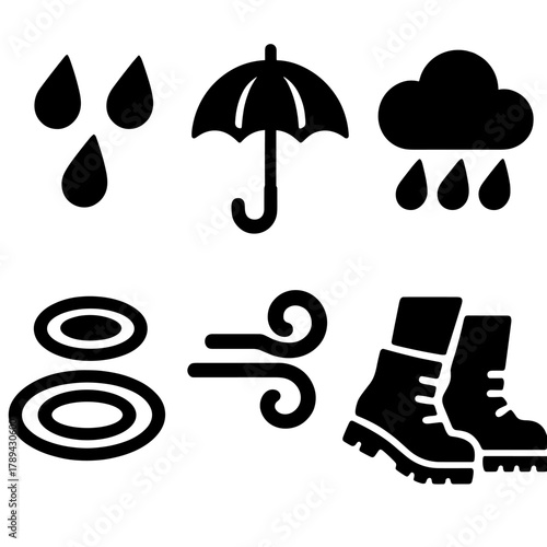 Brutalist Weather Icons. Light Drizzle silhouette icon set: soft raindrops, umbrella, cloudy sky, puddle rings, gentle breeze, walking boots.