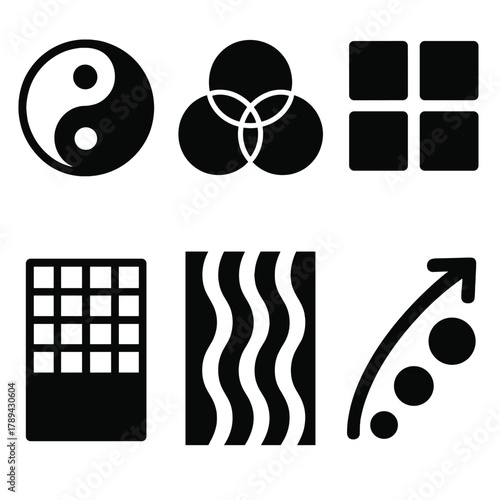 Brutalist Icon Balance. Design Balance silhouette icon set: contrast harmony, color equilibrium, spacing consistency, proportion grid, rhythm pattern, visual flow.