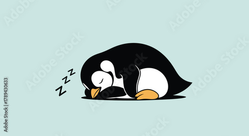 Cute cartoon penguin sleeping peacefully on a light blue background with zzz letters indicating sleep.