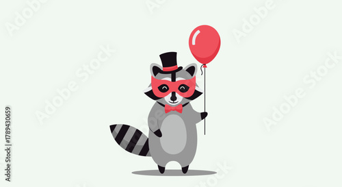 A cute cartoon raccoon wearing a top hat and mask holds a red balloon.