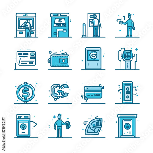 Set of icons representing financial services, banking, and payment methods for digital transactions
