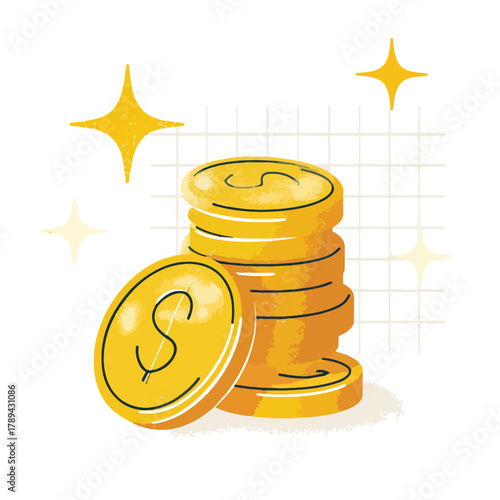 Golden coins stack illustration with sparkles and grid background for finance and wealth concept