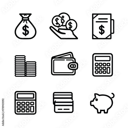 Set of finance and money icons including money bag, coins, bills, wallet, calculator, credit cards, and piggy bank