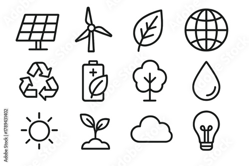 Eco Icons Collection. Environmental Microgrid linear icon set: solar panel, wind turbine, leaf, globe, recycling symbol, eco battery, tree, water droplet, sun, plant, cloud, light