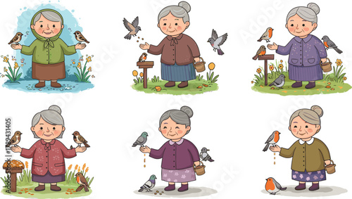 Cartoon, elderly, woman, bird, feeding, nature, outdoor, character, kindness, animals, plants, vector, illustration, peaceful, care, garden, smile, interaction, senior, wildlife