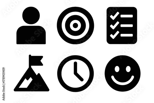 Motivational Icon Set. Personal motivation silhouette icon set: person icon, target board, checklist, mountain flag, clock, smile face.