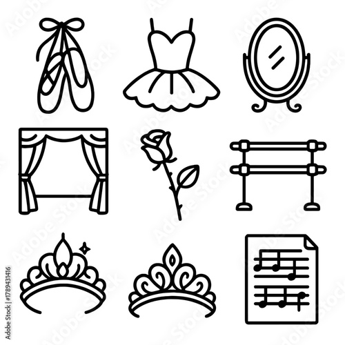 Ballet Icon Set. Ballet Dance Set linear icon set: ballet slippers, tutu, mirror, barre, rose, stage curtain, tiara, music sheet.