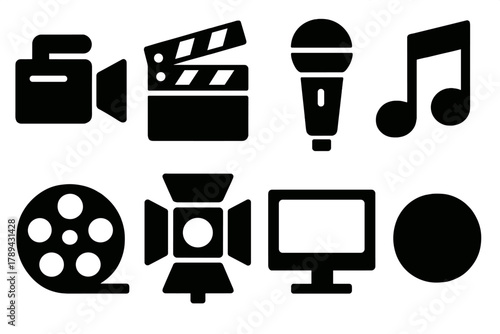 Brutalist Music Video Icons. Music Video Production silhouette icon set: camera, clapperboard, microphone, note, film reel, spotlight, monitor, record button.