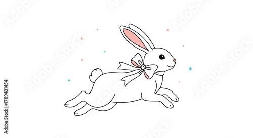Cute white cartoon bunny rabbit with a pink bow running against a white background with sparkling stars.
