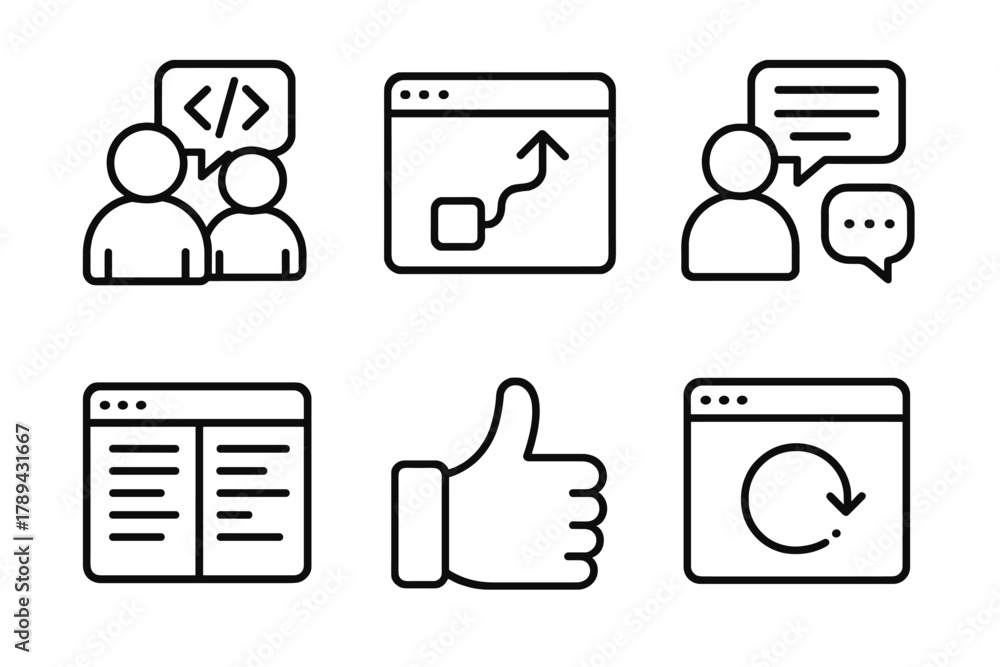 Obraz premium Developer Icons Overview. Peer Review linear icon set: developer avatars, pull request icon, discussion thread, code diff view, thumbs up, version history.